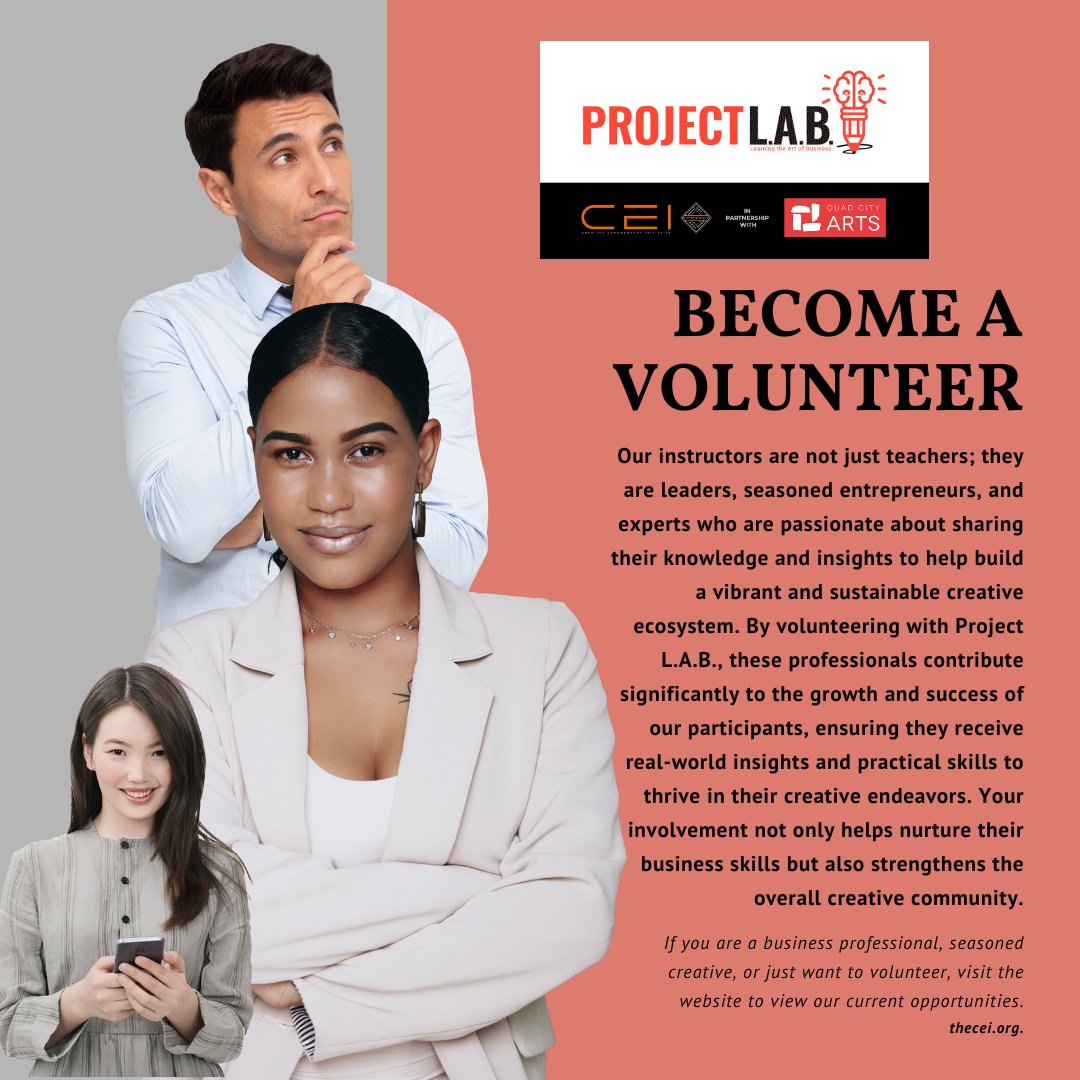THEREALCEI_'s tweet image. Volunteer with Project L.A.B.! Our instructors are leaders and entrepreneurs passionate about nurturing creative talents. Apply now! Visit thecei.org. #ProjectLAB #Volunteer #QuadCities #SupportLocalArtists #CreativeTogetherQC #CreativeEmpowermentInitiative