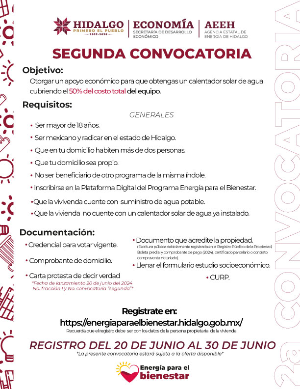 ¡No te pierdas esta oportunidad! 🌞
Regístrate en la 2a. Convocatoria del programa #EnergíaParaElBienestar.
¡Inscríbete ahora!
energiaparaelbienestar.hidalgo.gob.mx 🌍
#ElHidalgoQueQueremos