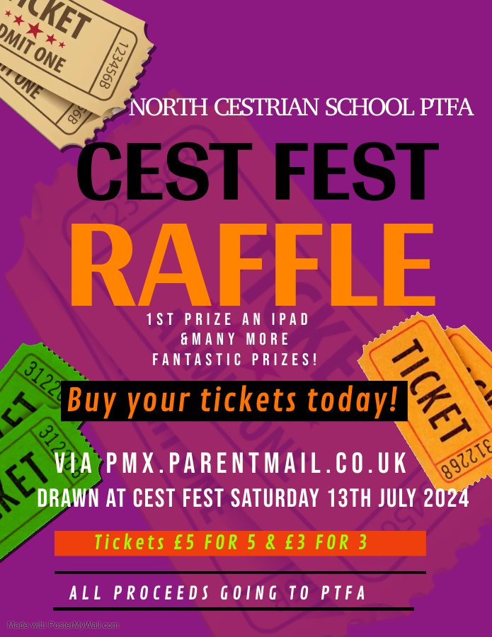NCSPTFA's tweet photo. Have you purchased your Raffle tickets yet? Tickets are available on Parentmail £3 for 3 / £5 for 5. Could you be the winner of a brand new ipad? Lots of other fabulous prizes on offer too. The Raffle will be drawn live a Cestfest on Saturday 13th July 12-3  Good luck everyone 🤞 https://t.co/6VNuRPZ612
