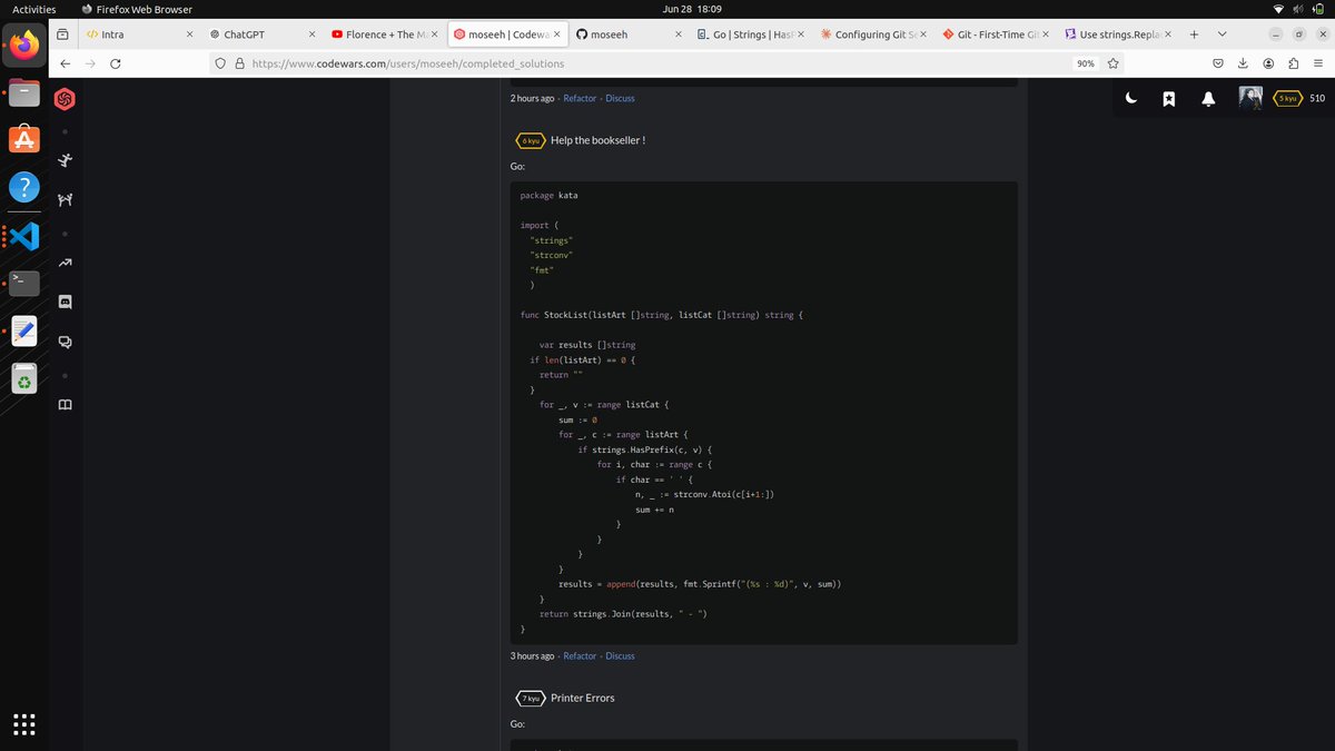 mosesotienoo's tweet image. Day 41 of #100DaysOfCode 
Solves a few #Codewars problems such as 
- Highest Rank number in an array 
- Mexican wave 
- Help the bookseller
- Reverse or rotate 
These helped me understand more concepts on #StringManipulation and using #slices (arrays) in #Golang