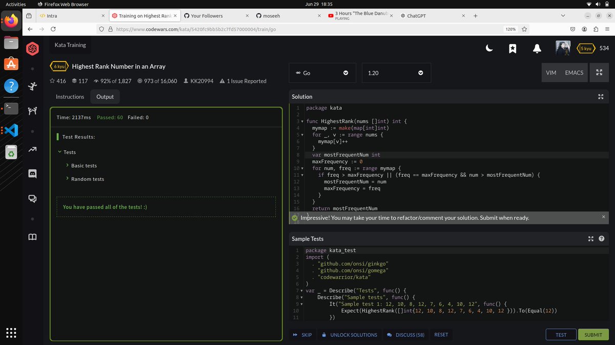 mosesotienoo's tweet image. Day 41 of #100DaysOfCode 
Solves a few #Codewars problems such as 
- Highest Rank number in an array 
- Mexican wave 
- Help the bookseller
- Reverse or rotate 
These helped me understand more concepts on #StringManipulation and using #slices (arrays) in #Golang