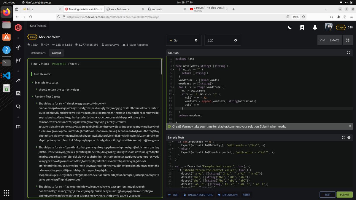 mosesotienoo's tweet image. Day 41 of #100DaysOfCode 
Solves a few #Codewars problems such as 
- Highest Rank number in an array 
- Mexican wave 
- Help the bookseller
- Reverse or rotate 
These helped me understand more concepts on #StringManipulation and using #slices (arrays) in #Golang