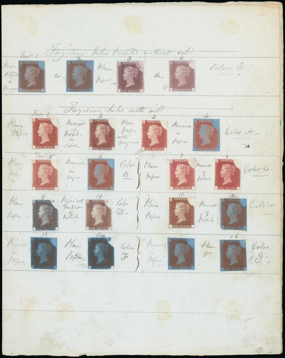 Seen in auction
Only 7 x of these sheets are known, one being in the Royal Philatelic Collection
Presentation sheet bearing twenty 'rainbow' trials comprising four 1d in varying shades of red titled "Fugitive Inks printed without oils" &amp; 16 1d. in varying shades of red
#philately