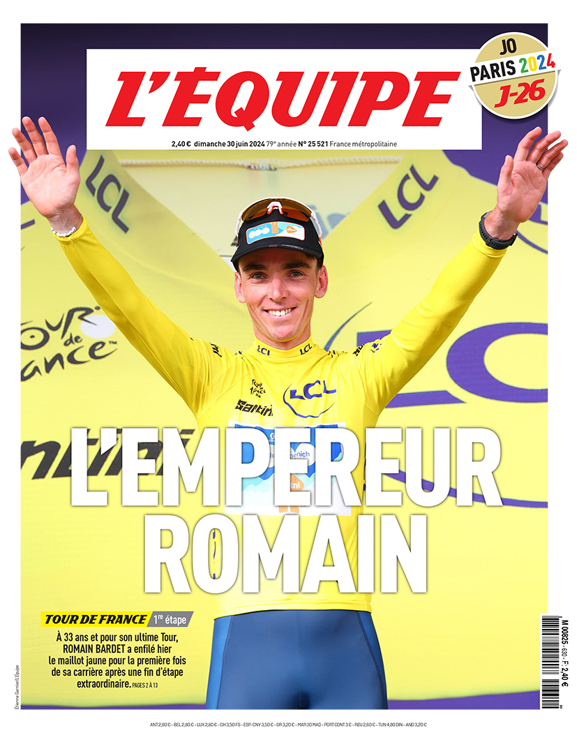 lequipe's tweet photo. L'EMPEREUR ROMAIN

Voici la une du journal L'Equipe du 30 juin 2024 ! https://t.co/PLdA6L7L4m