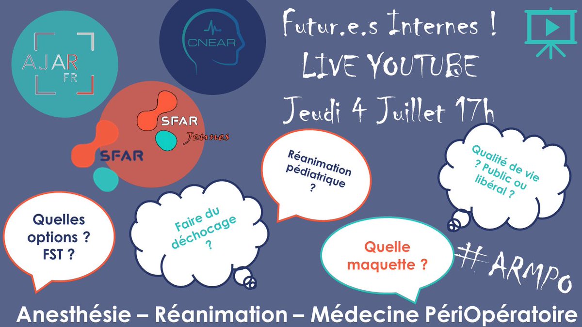 CNEAR Anesthésie Réanimation (@cnear_fr) on Twitter photo 📢📢 Tu viens de finir la 6ème année et tu as encore des questions sur le #DESARMPO, alors le live youtube organisé par le <a href="/cnear_fr/">CNEAR Anesthésie Réanimation</a> la <a href="/SFAR_ORG/">SFAR Anesthésie Réanimation</a> la <a href="/SFARJeunes/">SFAR Jeunes</a> et l'<a href="/AJARFrance/">AJAR France 🇫🇷</a> est fait pour toi 🫵 !
Rejoins-nous sur la chaîne #Youtube de la <a href="/SFAR_ORG/">SFAR Anesthésie Réanimation</a> JEUDI 4 JUILLET à 17H 📢📢 Tu viens de finir la 6ème année et tu as encore des questions sur le #DESARMPO, alors le live youtube organisé par le <a href="/cnear_fr/">CNEAR Anesthésie Réanimation</a> la <a href="/SFAR_ORG/">SFAR Anesthésie Réanimation</a> la <a href="/SFARJeunes/">SFAR Jeunes</a> et l'<a href="/AJARFrance/">AJAR France 🇫🇷</a> est fait pour toi 🫵 !
Rejoins-nous sur la chaîne #Youtube de la <a href="/SFAR_ORG/">SFAR Anesthésie Réanimation</a> JEUDI 4 JUILLET à 17H