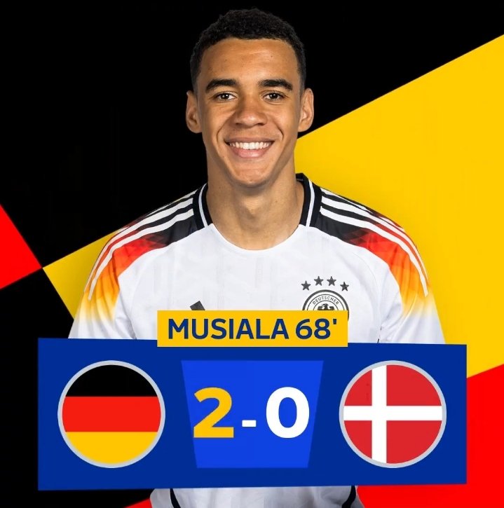 citistartv's tweet photo. 68' GOAAAAALL ⚽ 
Jamal Musiala 
GERMANY 2:0 DENMARK 

#EURO2024 https://t.co/rjk9QAhsXM