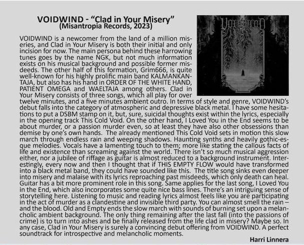 Voidwind Clad In Your Misery review from Zazen Sounds Magazine by Harri Linnera.

#review #voidwind #zazensounds #misantropiarecords