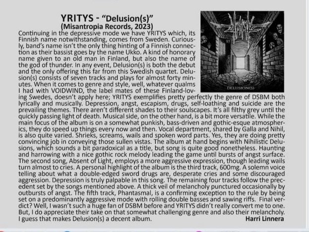 Yritys Delusion(s) review from Zazen Sounds Magazine by Harri Linnera.

#review #yritys #zazensounds #dsbm #misantropiarecords
