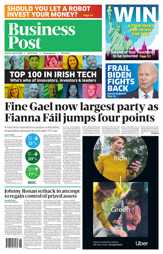 businessposthq's tweet image. Tomorrow’s front page. Pick up a copy in stores or subscribe at businesspost.ie:

🗞️  Exclusive Red C poll

🗞️ Johnny Ronan&apos;s prized assets

🗞️ Connected Top 100