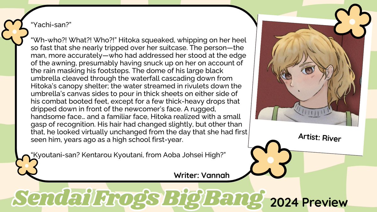 🐸 Sendai Frogs Big Bang Preview

Yachi just wanted to surprise his friend, but the sudden pouring of rain was not on her plan. She is lucky that an unexpected familiar face is willing to help her.

Writer: <a href="/vannahfanfics/">vannahfanfics</a>
Artist: <a href="/River_Limal/">River 🌺</a>