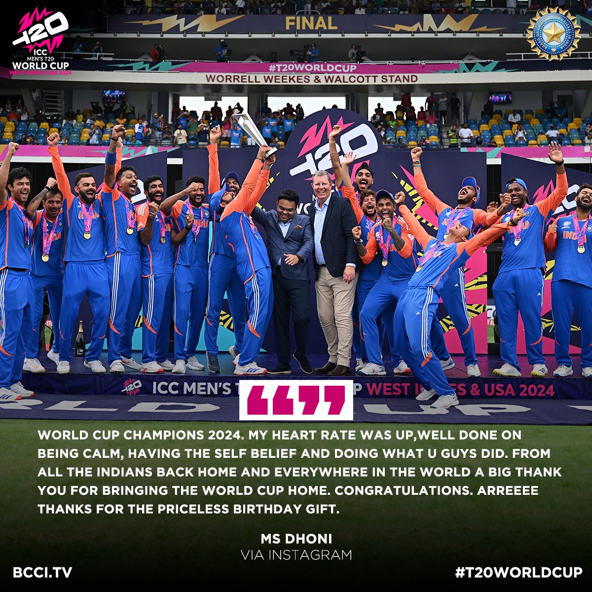 BCCI (@bcci) on Twitter photo MS Dhoni has a special message for the #T20WorldCup-winning #TeamIndia! โบ๏ธ ๐
#SAvIND | <a href="/msdhoni/">Mahendra Singh Dhoni</a> MS Dhoni has a special message for the #T20WorldCup-winning #TeamIndia! โบ๏ธ ๐
#SAvIND | <a href="/msdhoni/">Mahendra Singh Dhoni</a>