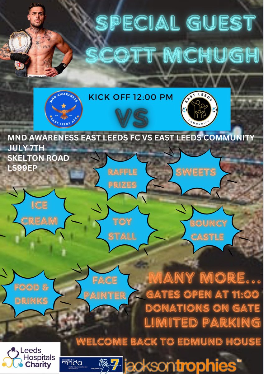 MNDEastLeedsFC's tweet photo. Just over a week to go before our first event! Let’s try get down bring families &amp; spread awareness to try and find a cure against this horrible disease! 💙 https://t.co/x9uQDiitPL