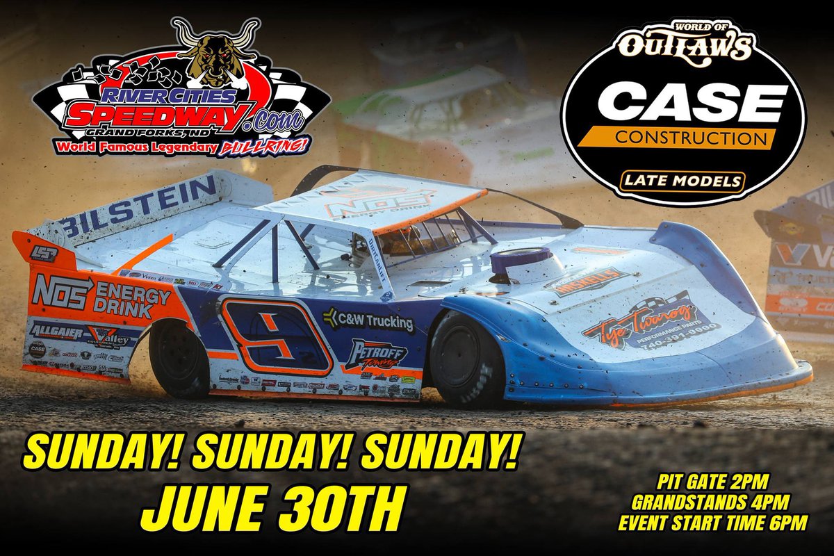 TOMORROW the World of Outlaws Late Model Series returns to River Cities! 6:00pm start time!

- Sunday, June 30th - 
Times:
Pit Gate: 2pm
Grandstands: 4pm
Racing: 6pm

Tickets available at track.