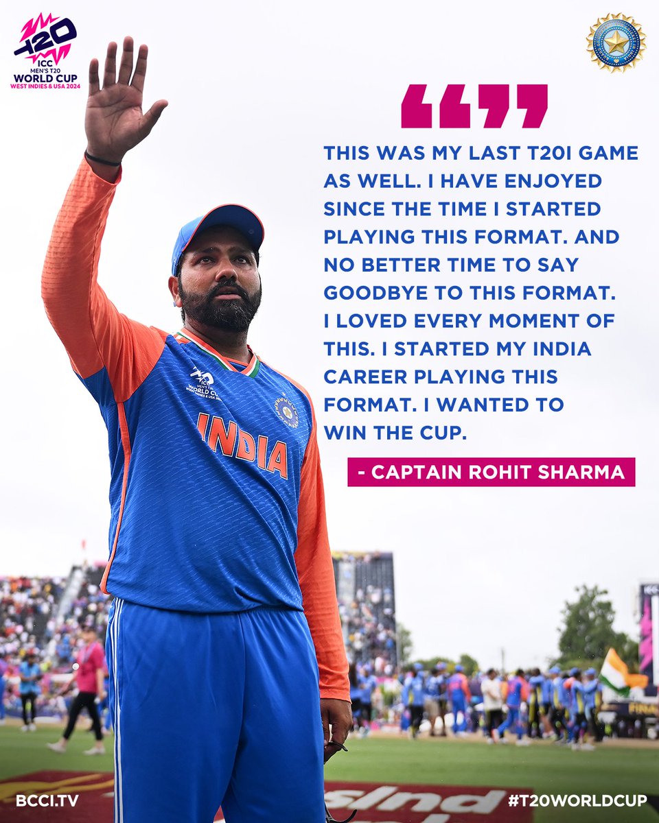 BCCI (@bcci) on Twitter photo It's your Captain Rohit Sharma signing off from T20Is after the #T20WorldCup triumph! 🏆
He retires from the T20I cricket on a very special note! 🙌 🙌
Thank you, Captain! 🫡
#TeamIndia | <a href="/ImRo45/">Rohit Sharma</a> It's your Captain Rohit Sharma signing off from T20Is after the #T20WorldCup triumph! 🏆
He retires from the T20I cricket on a very special note! 🙌 🙌
Thank you, Captain! 🫡
#TeamIndia | <a href="/ImRo45/">Rohit Sharma</a>