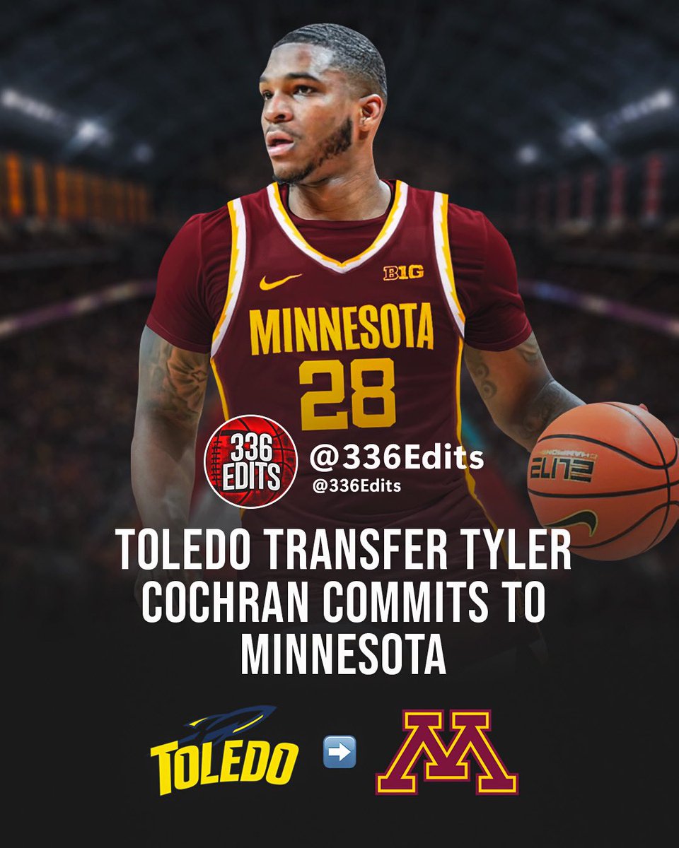 336Edits's tweet photo. NEWS: Toledo transfer Tyler Cochran has committed to Minnesota, he tells 336Edits.

The 6-2 guard averaged 14.4 points and 6.4 rebounds this season. https://t.co/YO06lXBo4V