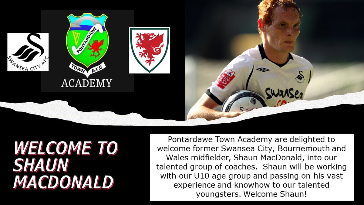 Coaching addition

A warm welcome to former <a href="/SwansOfficial/">Swansea City AFC</a>, <a href="/afcbournemouth/">AFC Bournemouth 🍒</a> and <a href="/FAWales/">FA WALES</a> player, Shaun MacDonald. <a href="/ShaunMac20/">Shaun MacDonald</a> will join our talented coaching staff, working with our super U10 age group, passing on his vast experience and knowledge. Welcome and enjoy! #UppaPonty