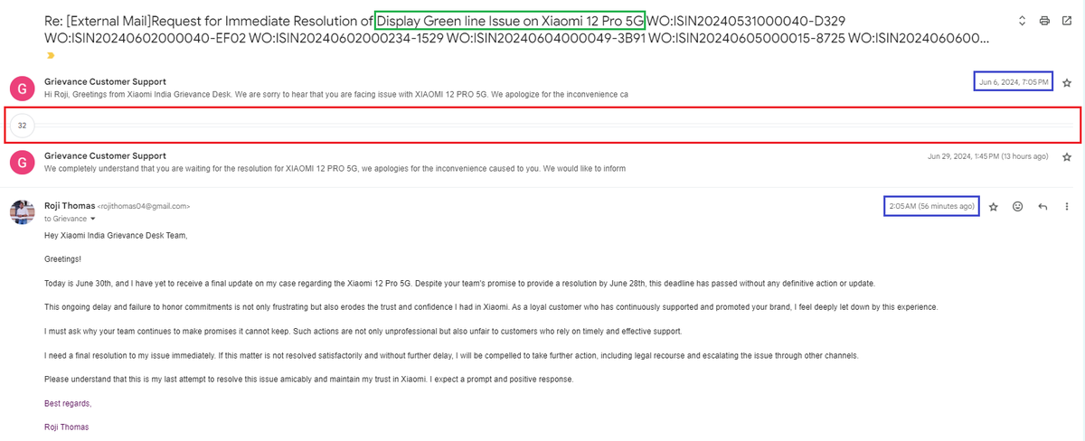 rojithomas04's tweet photo. #Customer #Service #Nightmare with @XiaomiIndia ⚠️

It's been almost one month since I raised a complaint about the #displaygreenline issue on my #Xiaomi12Pro5G after the @XiaomiHyperOS_ update. Despite sending over 30+ emails, my issue remains unresolved. 😠

#Xiaomi
#HyperOS https://t.co/CW1S9BFkI1