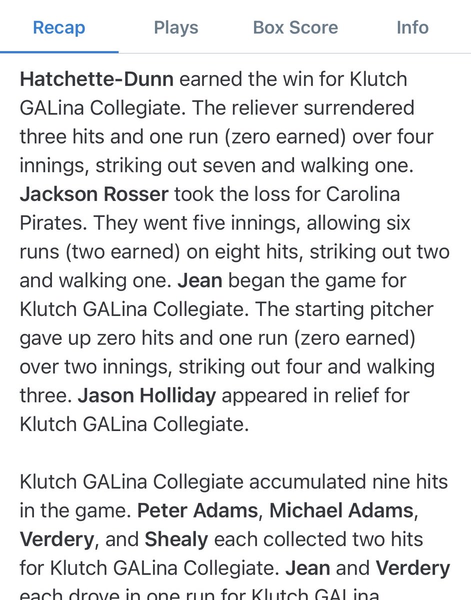 Klutch_GALina's tweet photo. Game 1 FINAL from Chamber Field in Lillington NC….

⁦@Klutch_GALina⁩         6️⃣
⁦@PiratesCarolina⁩        4️⃣

W - ⁦@dunndarius00⁩ (2-0)
 L - Rosser (0-1)

#CarolinaCollegiateLeague https://t.co/83iOqKbYiC