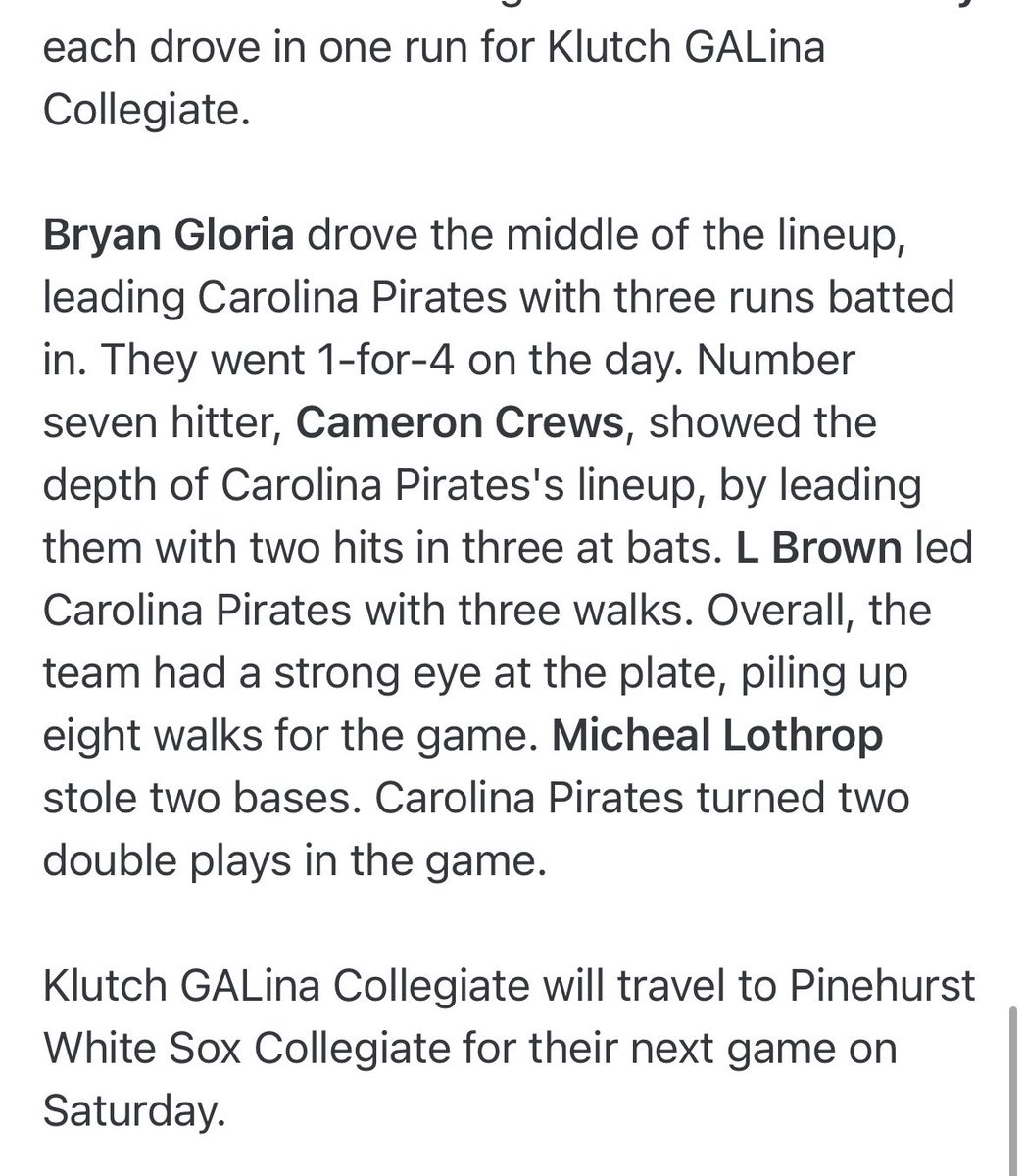 κlutch Collegiate Georgialina Baseball (@klutch_galina) on Twitter photo Game 1 FINAL from Chamber Field in Lillington NCβ¦.
β¦<a href="/Klutch_GALina/">κlutch Collegiate Georgialina Baseball</a>β© 6οΈβ£
β¦<a href="/PiratesCarolina/">Carolina Pirates</a>β© 4οΈβ£
W - β¦<a href="/dunndarius00/">Darius Hatchette-Dunn</a>β© (2-0)
L - Rosser (0-1)
#CarolinaCollegiateLeague Game 1 FINAL from Chamber Field in Lillington NCβ¦.
β¦<a href="/Klutch_GALina/">κlutch Collegiate Georgialina Baseball</a>β© 6οΈβ£
β¦<a href="/PiratesCarolina/">Carolina Pirates</a>β© 4οΈβ£
W - β¦<a href="/dunndarius00/">Darius Hatchette-Dunn</a>β© (2-0)
L - Rosser (0-1)
#CarolinaCollegiateLeague