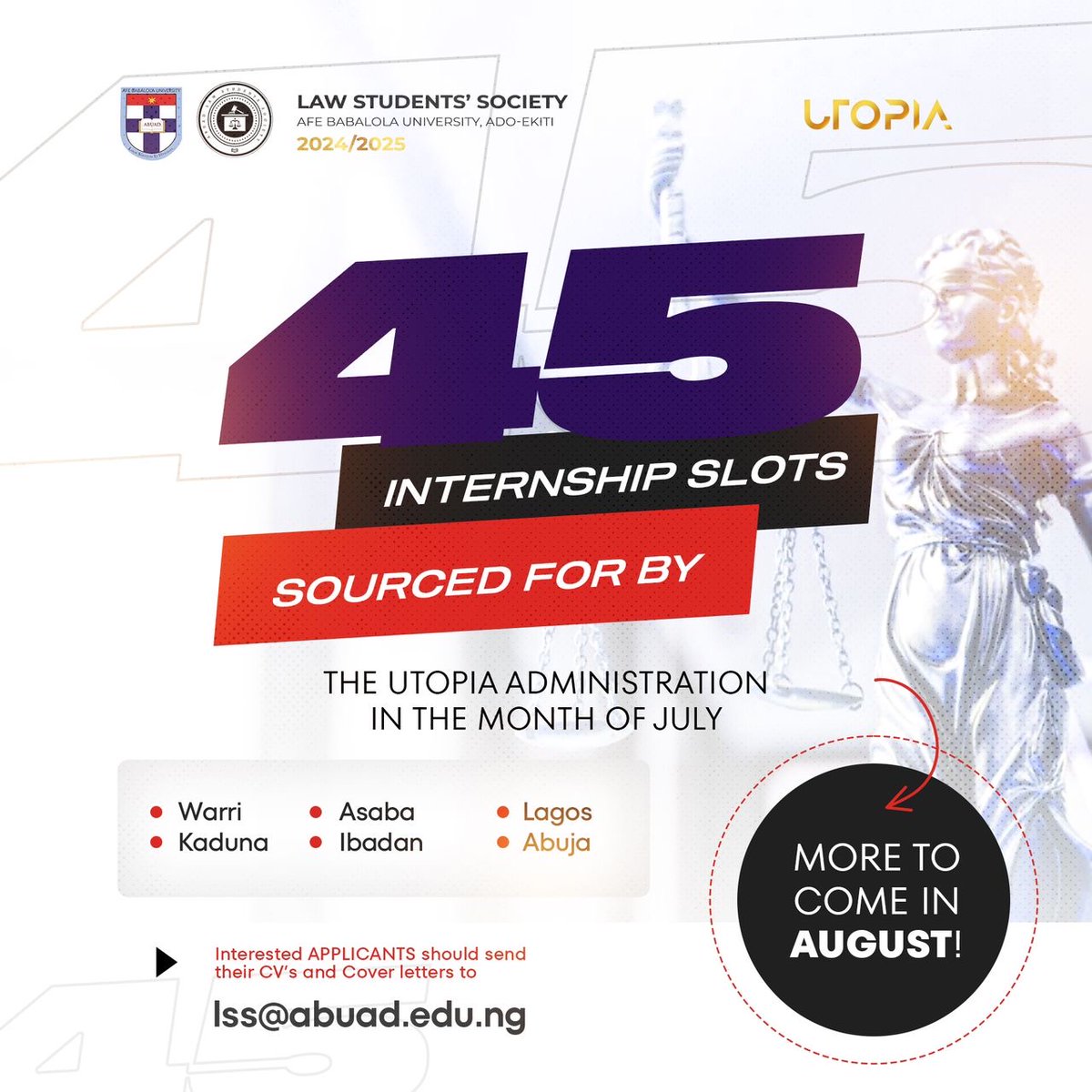 LSSABUAD's tweet photo. The UTOPIA Administration is pleased to announce that we have secured exclusive internship slots for law students for the month of July. This is an opportunity for aspiring legal professionals to gain valuable experience and enhance their skills. https://t.co/QyjvOVGzSh