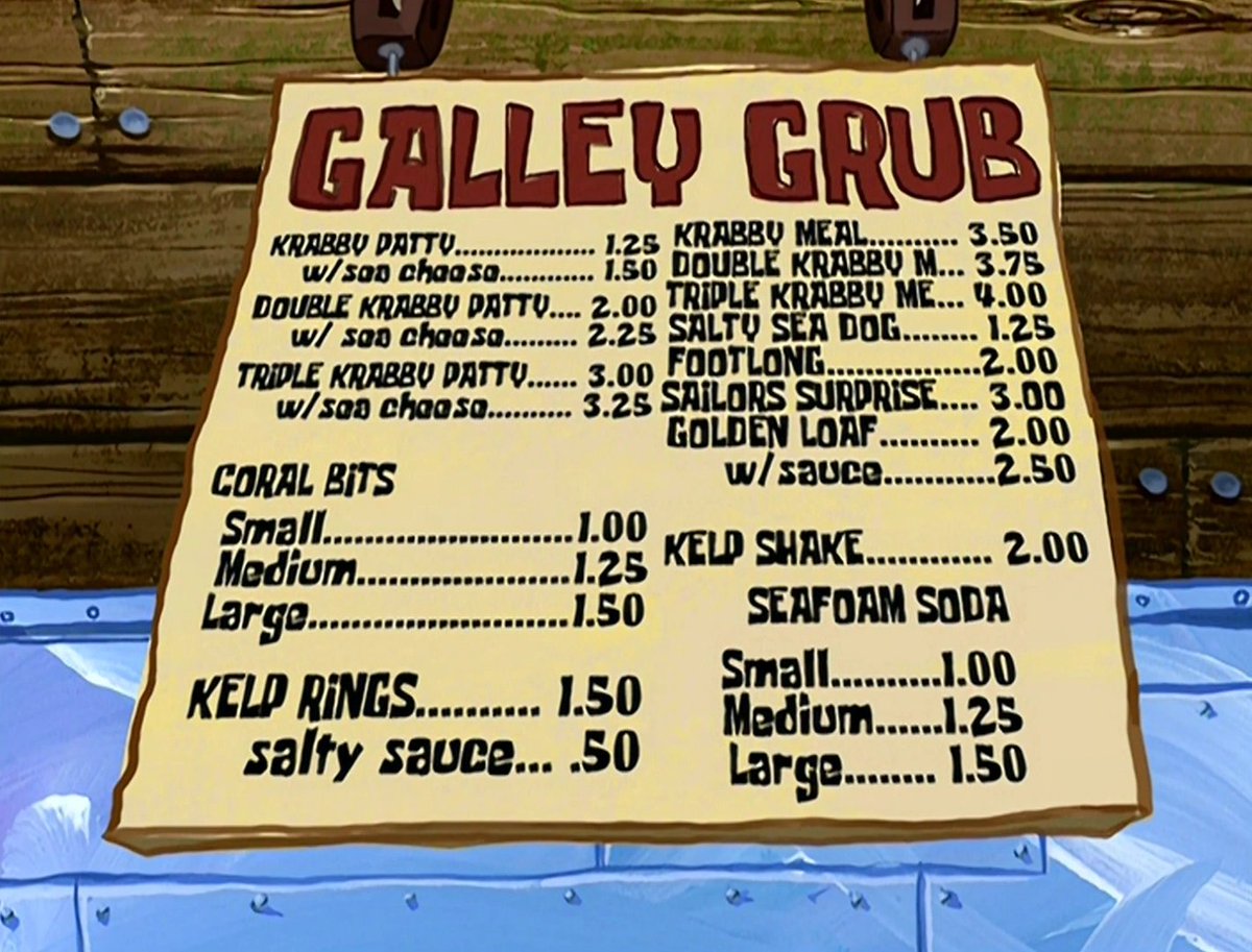 no wonder all of bikini bottom eats here, the most expensive item on here is 4$