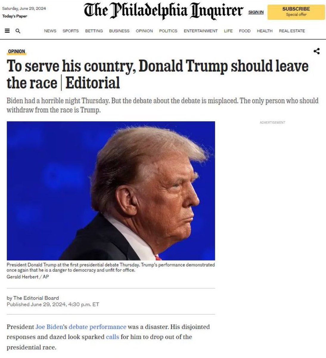 “Lost in the hand wringing was Donald Trump’s usual bombastic litany of lies, hyperbole, bigotry, ignorance, and fear mongering. His performance demonstrated once again that he is a danger to democracy and unfit for office.”

inquirer.com/opinion/editor…