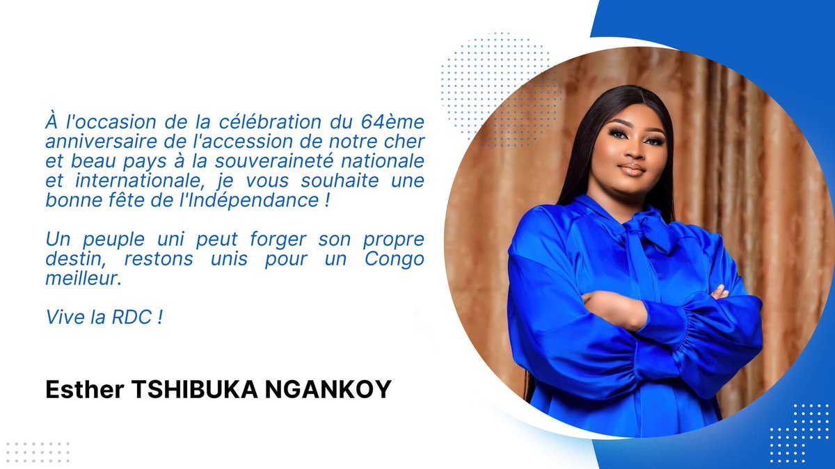 EstherNgankoy's tweet photo. #RDC : 64 ans d'#Indépendance 

Célébrons notre indépendance avec fierté et gratitude pour ceux qui ont lutté pour notre liberté. Joyeuse fête nationale ! https://t.co/gVwwoQoCVv