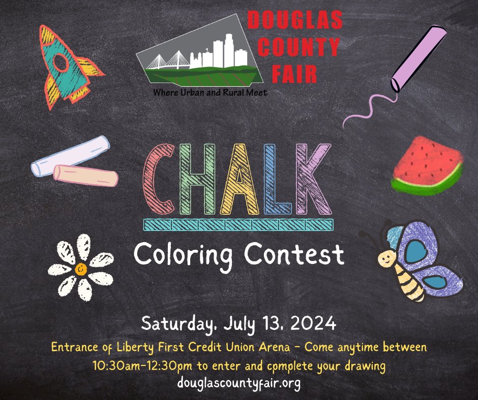 DouglasCoFairNE's tweet photo. New this year we will be having a kids Chalk Coloring Contest!
Come to the Douglas County Fair Saturday, July 13th between 10:30am-12:30pm to enter and complete your drawing. We look forward to seeing all of the little artists join us! https://t.co/RW77LA9APP