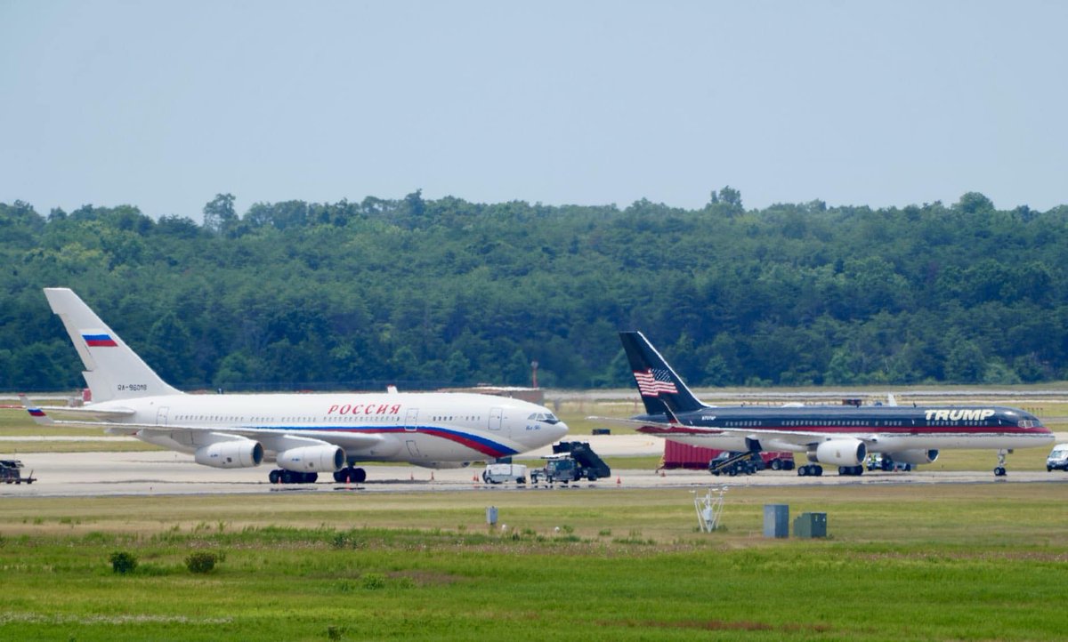 realTuckFrumper's tweet photo. REPORT: On Friday, June 28, 2024, Trump's jet parked right next to a Russian government plane for two whole days in an 'isolated' area. Must've been a super secret 'coincidence' club meeting. #NothingToSeeHere #SecretDocuments https://t.co/2r1M6tq02g