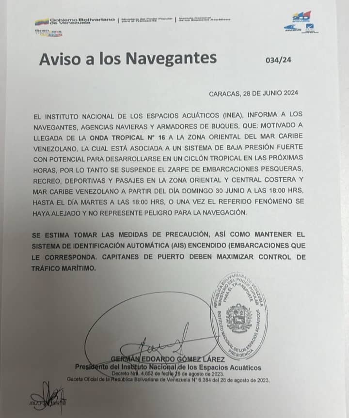 OSM_VENEZUELA's tweet photo. ⚠️Aviso a los navegantes en aguas de la RBV. Vía | @inea_venezuela https://t.co/Tz1kiKAhZL