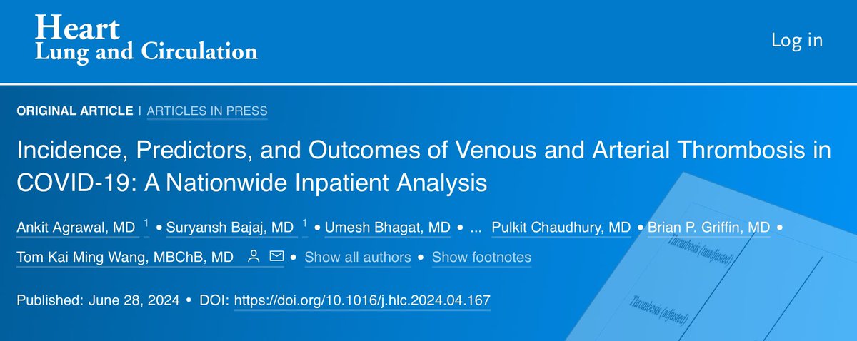 Ankit Agrawal (@ankitagrawalmd) on Twitter photo Excited to share our work published in <a href="/HeartLungCirc/">Heart Lung Circ</a> Thank you so much Drs <a href="/TomKMWang/">Tom Wang MBChB MD</a> <a href="/PulkitChaudhury/">Pulkit Chaudhury</a> for the guidance.
‼️Overall thrombosis and VTE risk increases with the severity of COVID.
heartlungcirc.org/article/S1443-… Excited to share our work published in <a href="/HeartLungCirc/">Heart Lung Circ</a> Thank you so much Drs <a href="/TomKMWang/">Tom Wang MBChB MD</a> <a href="/PulkitChaudhury/">Pulkit Chaudhury</a> for the guidance.
‼️Overall thrombosis and VTE risk increases with the severity of COVID.
heartlungcirc.org/article/S1443-…