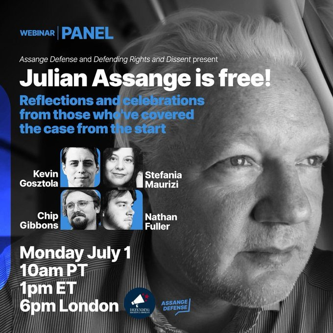 DefenseAssange's tweet photo. On Monday, we'll celebrate and reflect on Julian's freedom with @RightsDissent 

Our director @nathanlfuller will join @ChipGibbons89, @kgosztola, and @SMaurizi to discuss how we got here and what's next, hosted by @MatthewPHoh https://t.co/GyUYCzbP8K