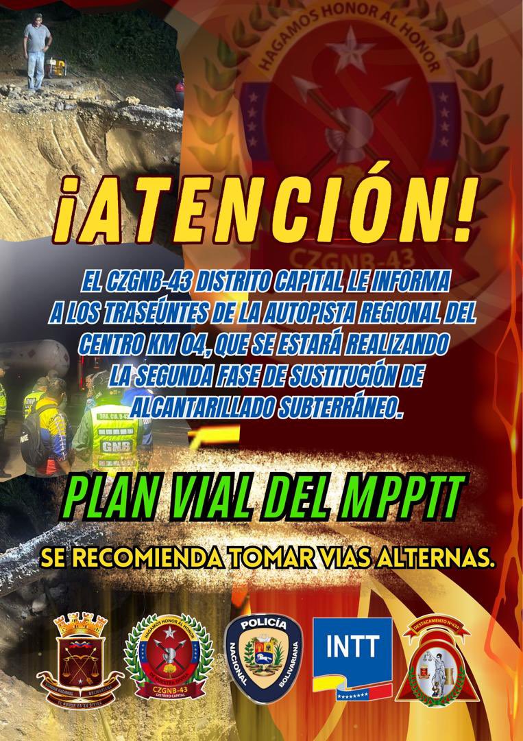🚨🚘🚙¡Atención! Amigo conductor toma las medidas de prevención con vías alternas, ya que se están realizando labores de sustitución de alcantarillado el Km 04 de la Autopista Regional del Centro.👷‍♂️🛣⛏️

¡En la Capital seguimos Avanzando! #Caracas