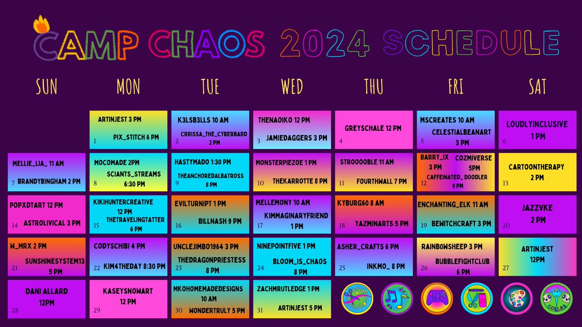 artinjest's tweet photo. CAMP CHAOS 2024 LINEUP YOU LOOK SO GOOD! COUNSELLORS there are tips for prep for you in the Camp Counsellors section on discord! THANK YOU org team, counsellors, ambassadors, trail guides & CAMPERS for making this all possible!
#CampChaos2024 #summercamp #virtualsummercamp https://t.co/IV8ivx4A3C