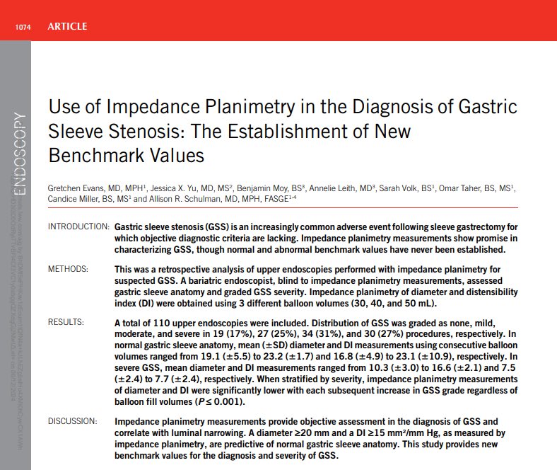 Super excited to share this 🙌

- Gastric sleeve stenosis after SG is ⬆️
- Objective diagnostic criteria are lacking
- Here we define benchmark impedance planimetry (EndoFLIP) values of diameter &amp; distensibility indices for normal &amp; mild/mod/severe GSS

thx to all who helped! 🙏