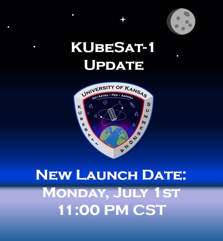 KUbe_Sat's tweet photo. We have an exciting update regarding the Firefly Aerospace launch! The launch has been rescheduled to Monday, July 1st, at 11:00 pm CST. It will be streamed on Firefly Aerospace's official launch livestream on YouTube. #RockChalk #cubesat https://t.co/FVjLrCkKNV