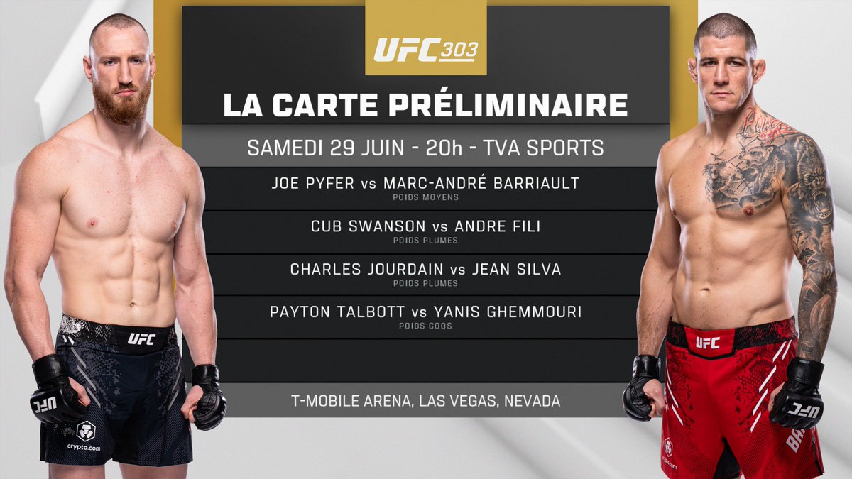 ValTroubleMMA's tweet image. Soyez des nôtres ce soir dès 20h pour l’UFC 303, sur les ondes de TVA sports 2 ! La carte principal suivra sur Indigo dès 22h 🔥#UFC303 #UFCTVA