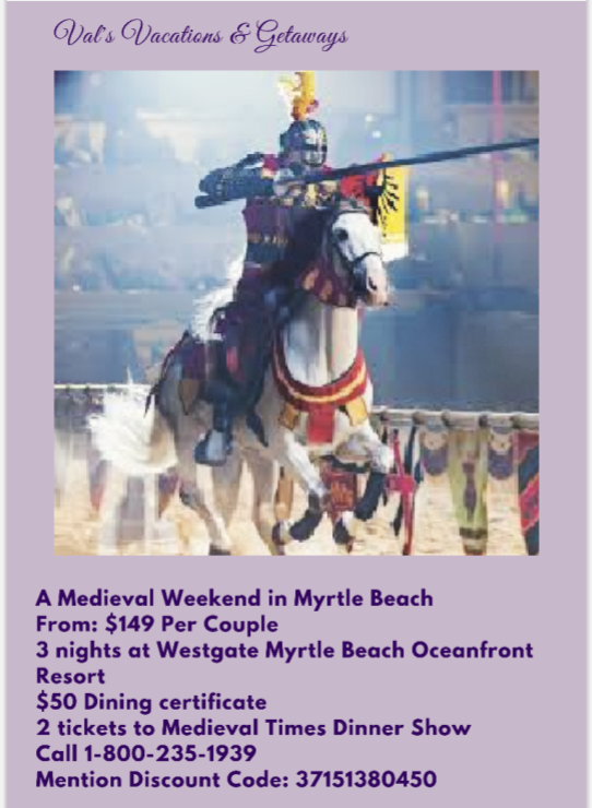 QueensTreasures's tweet photo. $149 Per Couple
🌊 3 nights at Westgate Myrtle Beach Oceanfront Resort
🍽️ $50 Dining certificate
🎟️ 2 tickets to Medieval Times Dinner Show

Call 1-800-235-1939, Discount Code: 37151380450

#MedievalWeekend #MyrtleBeachFun 🌞🌊🌴✨ https://t.co/NF2MmQ7DNk https://t.co/ko7olgZfIw