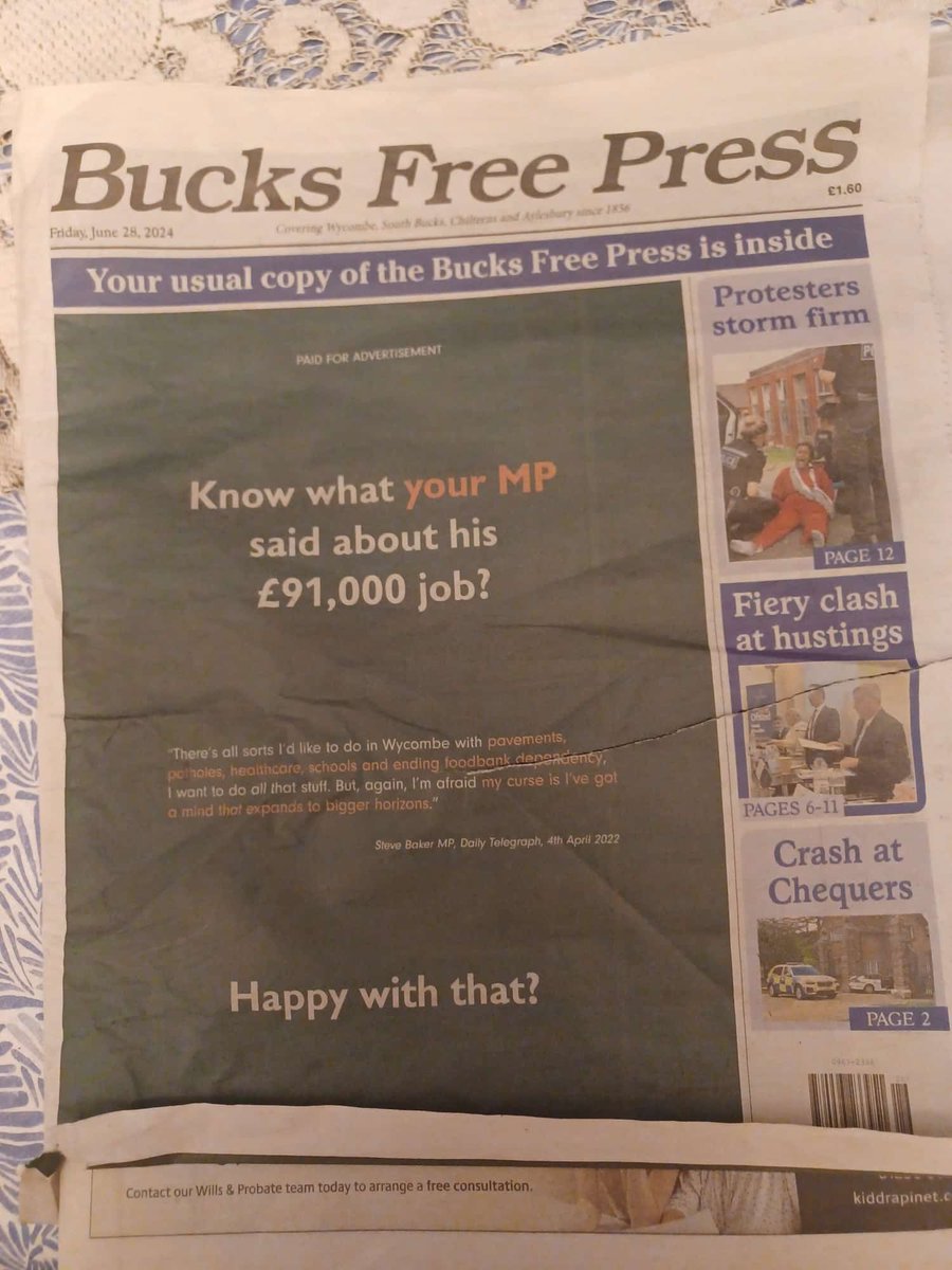 WycombeMPWatch's tweet photo. From this week's local paper. A quote from an interview given by Steve Baker to the Telegraph. Words fail us. https://t.co/PUQftGfXTG
