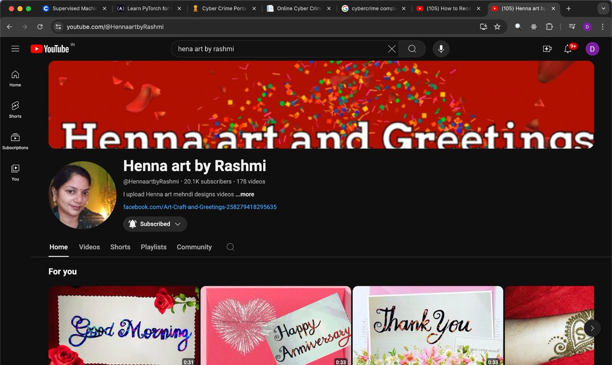 Rashmiseth15's tweet photo. Hello @YouTubeIndia 
My 2 Youtube accounts - "Rashmi Seth" and "Heena Art by Rashmi" have been hacked today. I have lost all my access. Please help me to get my accounts ASAP.
https://t.co/ybQbT5f7TE

@YouTube @YouTubeCreators @ManojDey23 @Technicalyogi @ShivamR84397500 https://t.co/GfqGSzFScm