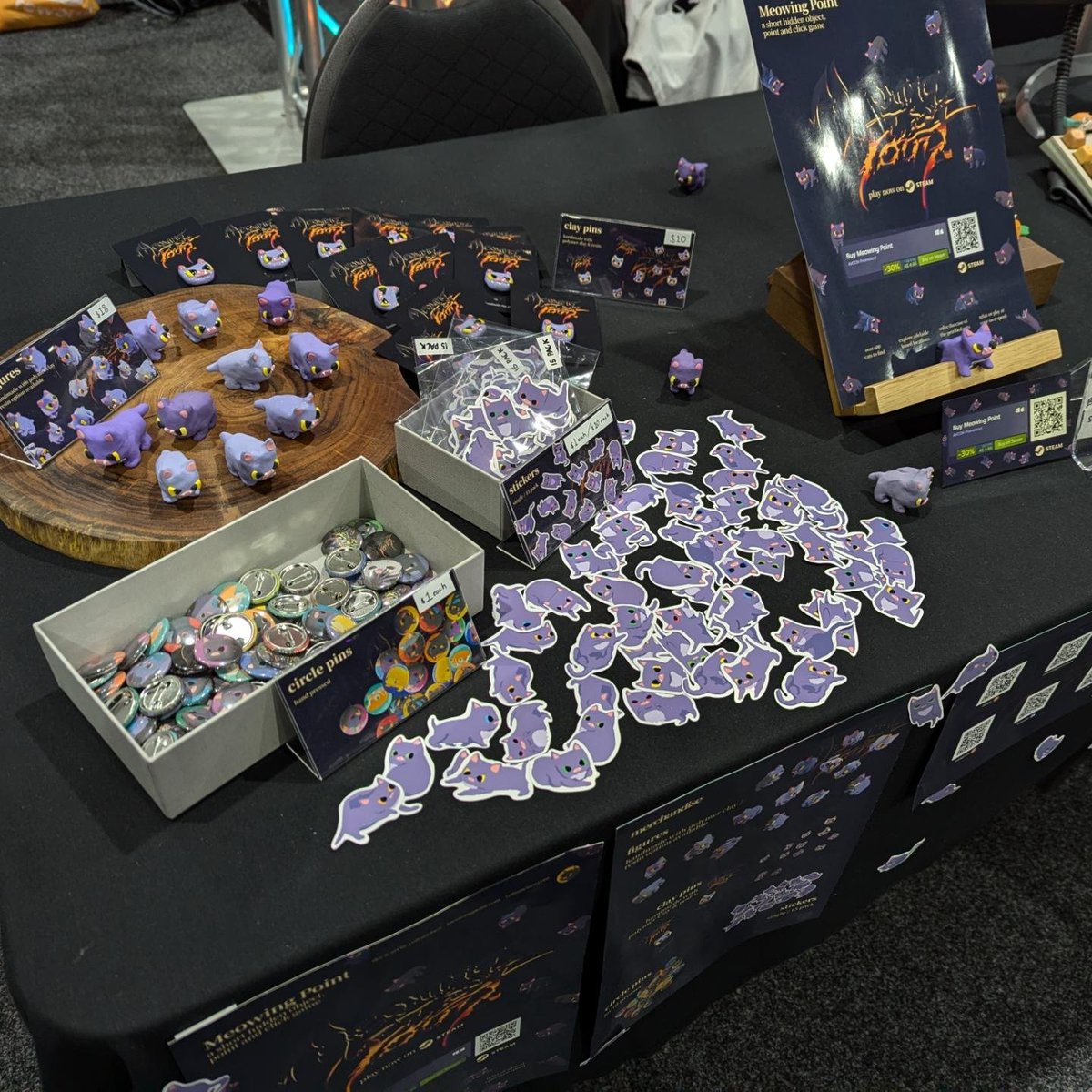 Tired but ready for #avcon2024 day 2. Only a few freebie pins left. Shy but come say hi ~ AVcon Indie Games Room table 16 - #meowingpoint #avcon