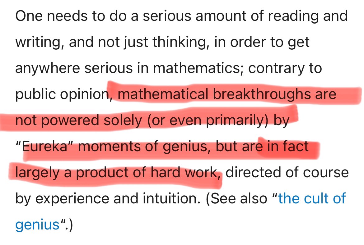 “mathematical breakthroughs are not powered solely (or even primarily) by ‘Eureka’ moments of genius, but are in fact largely a product of hard work” —Terry Tao

terrytao.wordpress.com/career-advice/…