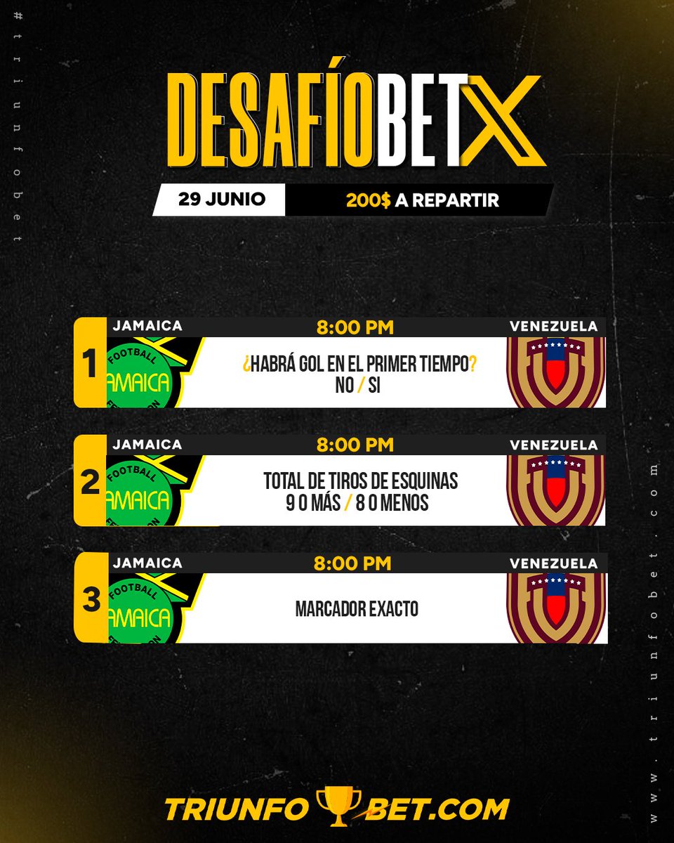 Triunfobet1's tweet photo. DESAFÍOBET VINOTINTO 🇻🇪

Con una Vinotinto ya clasificada a 4tos de final de la Copa América nos ponemos la "10" con este Desafío 🏆

Ya saben cómo es la dinámica, y si es primera vez le dejamos las condiciones.

Tener tu perfil verificado de Triunfobet, es decir con foto de perfil tipo selfie y foto de tu documento de identidad o cédula debidamente subida en la plataforma 🪪

Haber realizado una recarga de mínimo 3$ esta semana. Se tomarán en cuenta las recargas desde el lunes 24 de junio.

Comentar tus pronósticos + tu nombre de usuario de Triunfobet 🏆

Sólo puedes comentar una vez.

El monto es a repartir entre los que acierten 💵

Si no hay ganador en premio quedará acumulado.

Suerte y mano... tengo fe ❤️