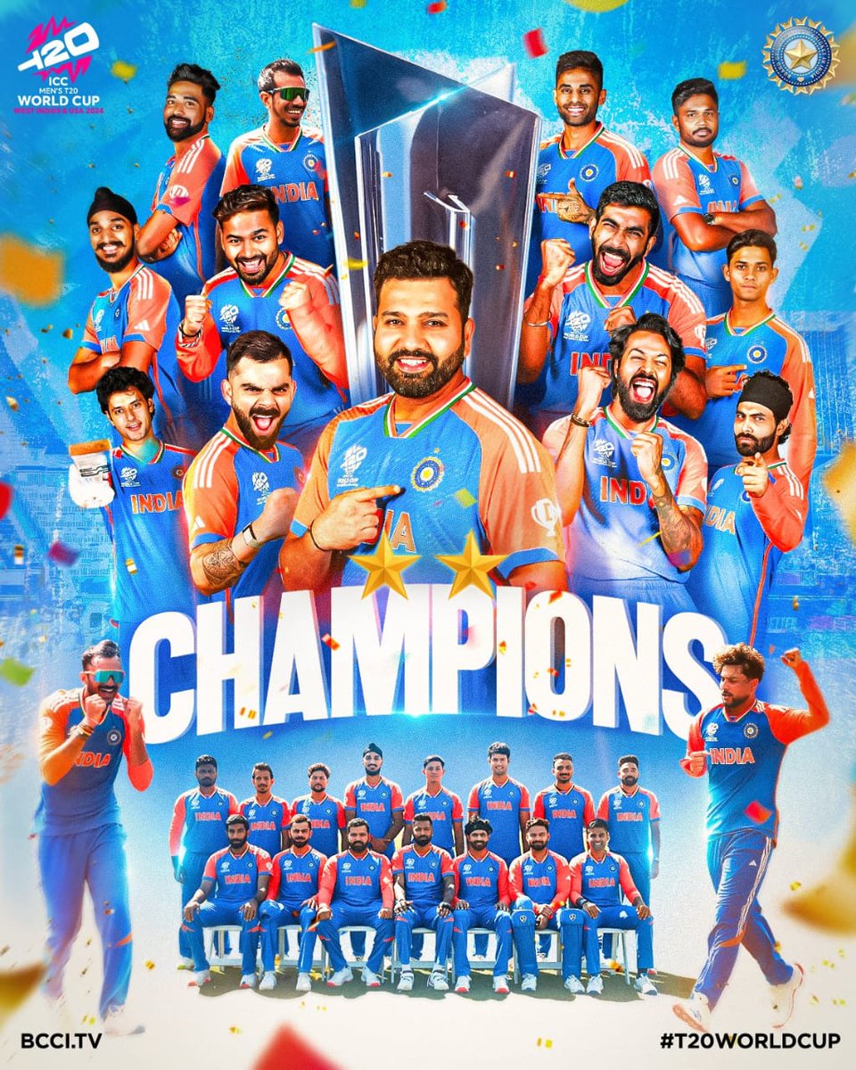 Congratulations, Team India, on a spectacular victory in the ICC T20 World Cup! 🏆🇮🇳
Your dedication and teamwork have truly shone brightly. Well done! 🎉

#IndiaWinWorldCup #T20WorldCupFinal 
<a href="/BCCI/">BCCI</a>