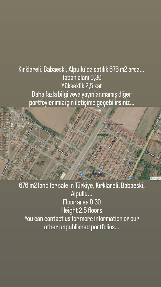 Kırklareli, Babaeski, Alpullu'da satılık 676 m2 arsa... 
Taban alanı 0,30
Yükseklik 2,5 kat
Daha fazla bilgi veya yayınlanmamış diğer portföylerimiz için iletişime geçebilirsiniz...

676 m2 land for sale in Türkiye, Kırklareli, Babaeski, Alpullu...
Floor area 0.30
Height 2.5