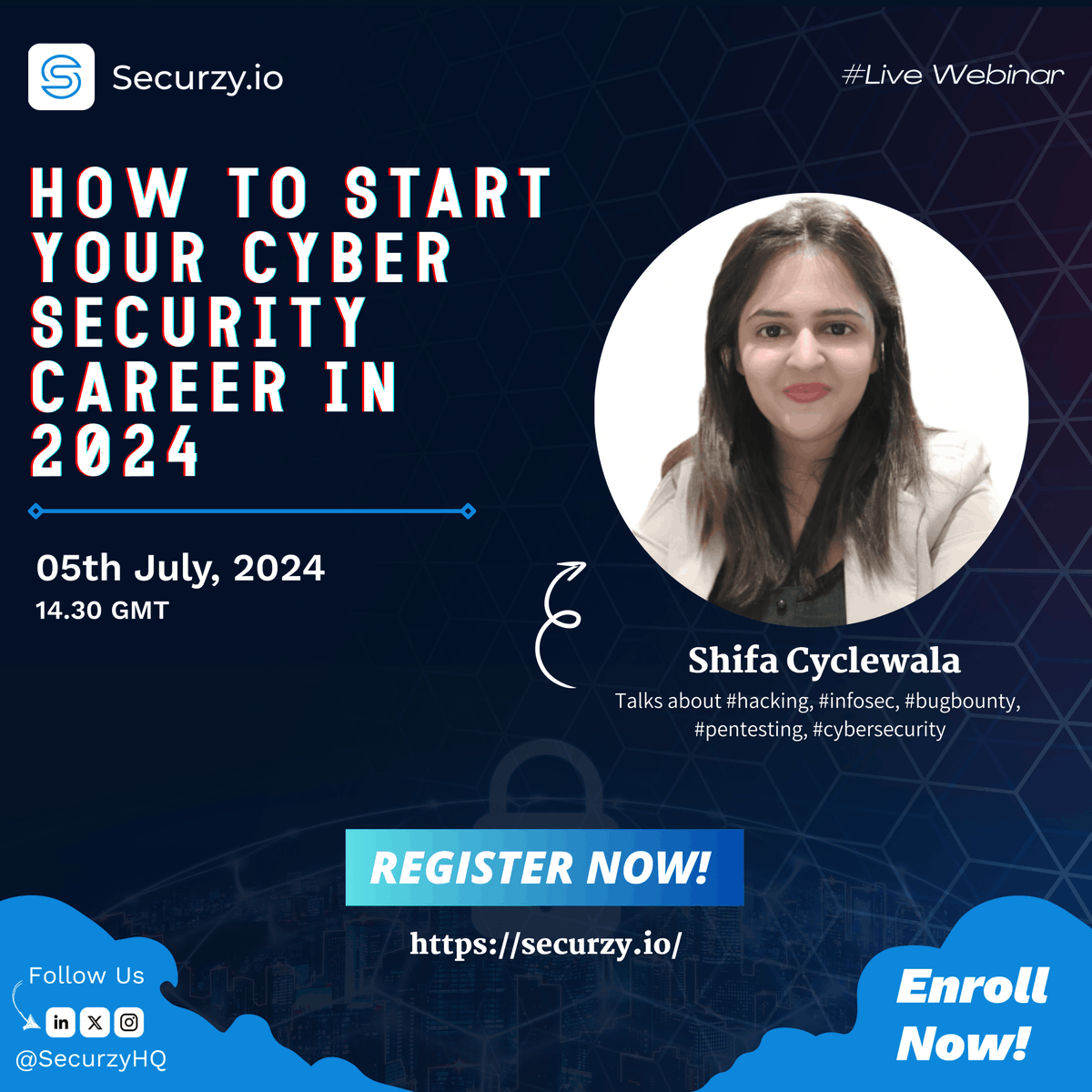 🚀 Kickstart Your Cybersecurity Career in 2024! 🚀Join Dr. Shifa Cyclewala's free webinar to learn essential steps, industry trends, and critical skills for success.🔗 Register now:  learn.securzy.io/webinar/how-to…  ⏳ Only 5 days left! #Cybersecurity #Webinar #Career2024 #Securzy