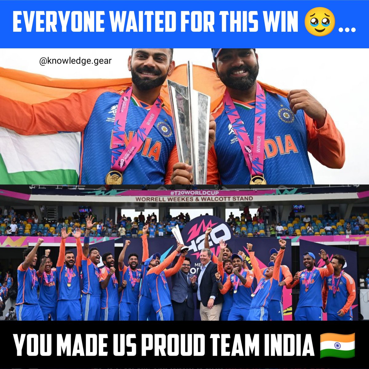 Knowledgegearyt's tweet photo. Everyone Waited for this win 🥹...

#T20WorldCupFinal #ViratKohli #T20WorldCup2024Final #SuryakumarYadav #RohitShamra #indiawin https://t.co/KOXJ3m9Lvl
