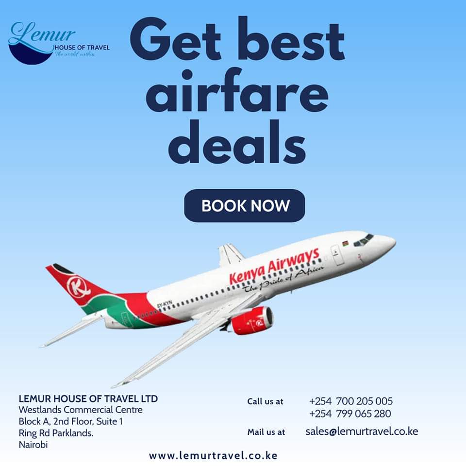 LemurTravel's tweet photo. 𝗣𝗟𝗔𝗡𝗡𝗜𝗡𝗚 𝗬𝗢𝗨𝗥 𝗡𝗘𝗫𝗧 𝗧𝗥𝗜𝗣! ✈ 

We shall provide you with the best flight deals within Africa and around the world.

𝐅𝐨𝐫 𝐁𝐨𝐨𝐤𝐢𝐧𝐠𝐬:
📞 0700 205 005 | 0799 065 280 
📩 sales@lemurtravel.co.ke https://t.co/C6KGTBOxoH