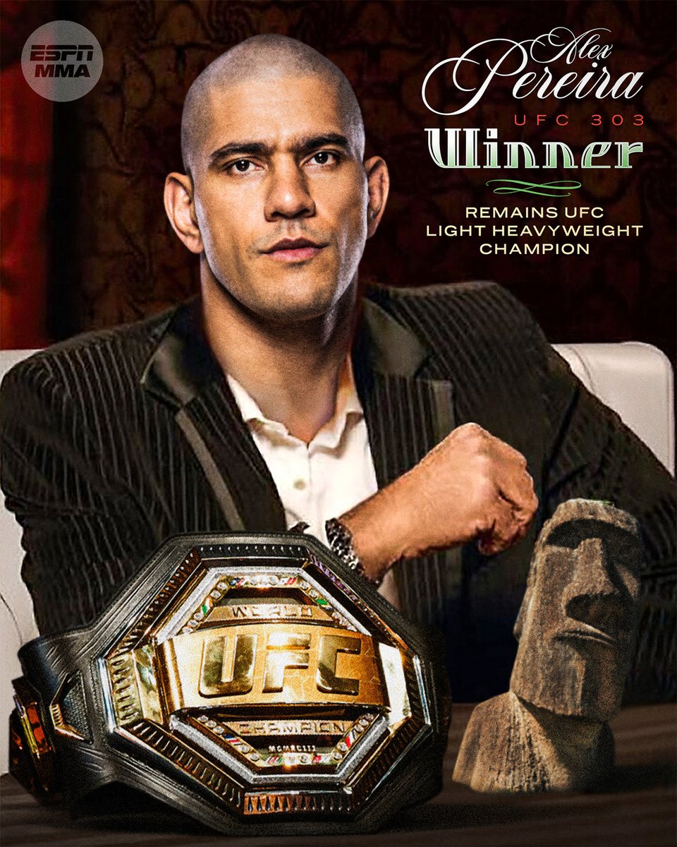 espn's tweet photo. “Stay champion, my friends.” 🏆

Alex Pereira: the most interesting man in the UFC 🗿 #UFC303 https://t.co/63NkajKg4E