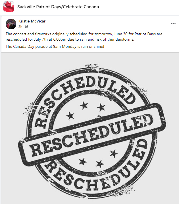 sackvillenovasc's tweet photo. Important notice from the Patriot Days committee. Please share widely. https://t.co/9xvzy4ZNm3